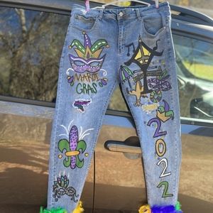 Pair of Mardi Gras Custom graphics design Jean's one of a kind